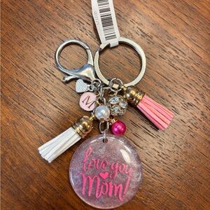 New handmade love you mom Pink and White Keychain w Tassels pearls bling heart M